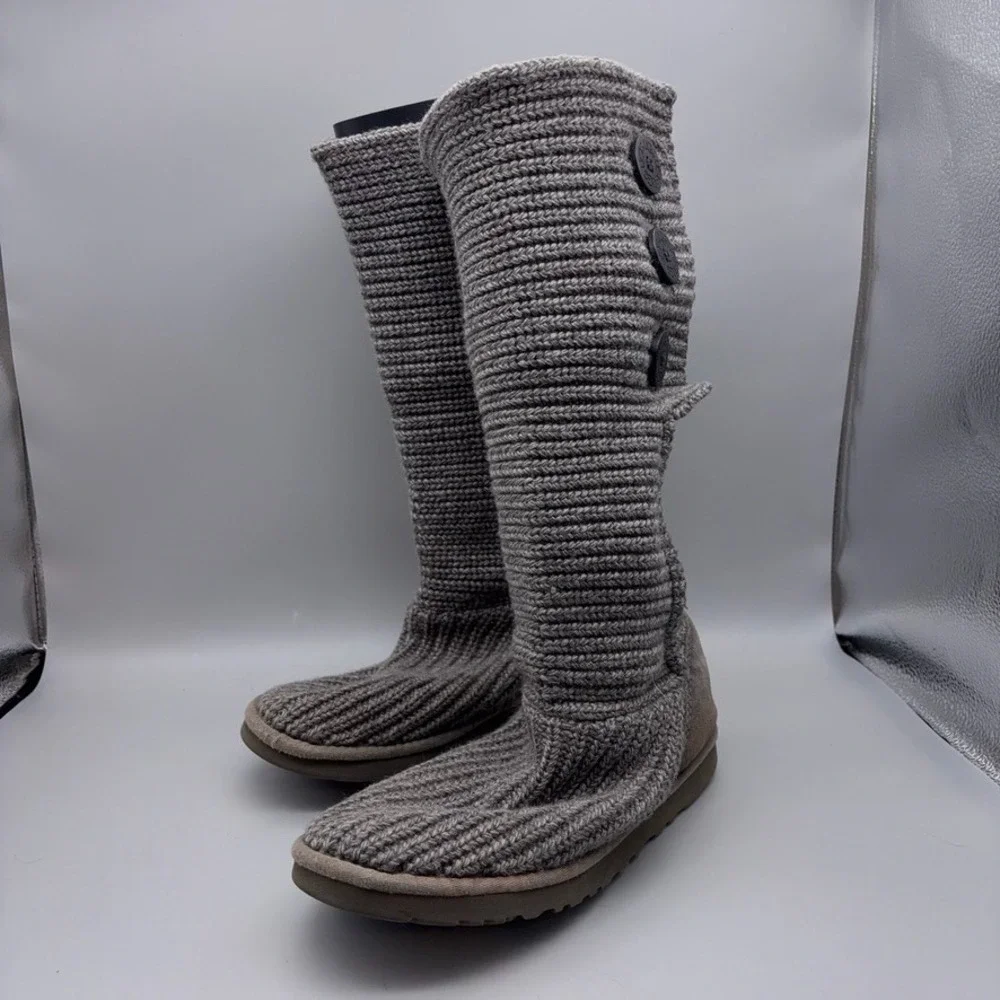 UGG Boots Womens 9 Grey Cardy Tall Knit Button Down 5819 Crochet Winter Casual